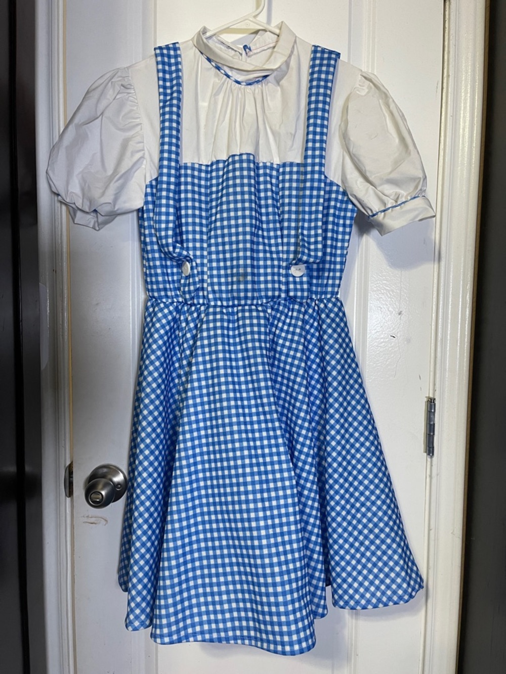 Blue Gingham Pinafore Dress with White Puff Sleeve Blouse